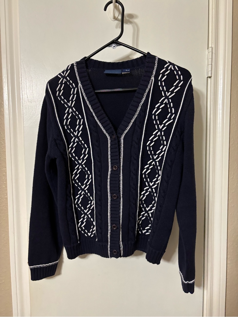 Liz Claiborne Cotton Navy Cardigan with White Stitch Detail - S